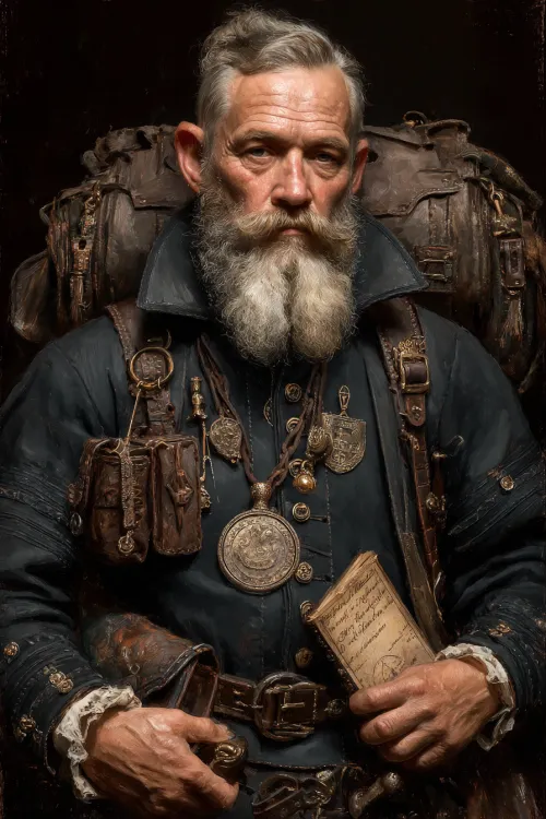 Man with a beard in antique clothing with medals and a backpack.