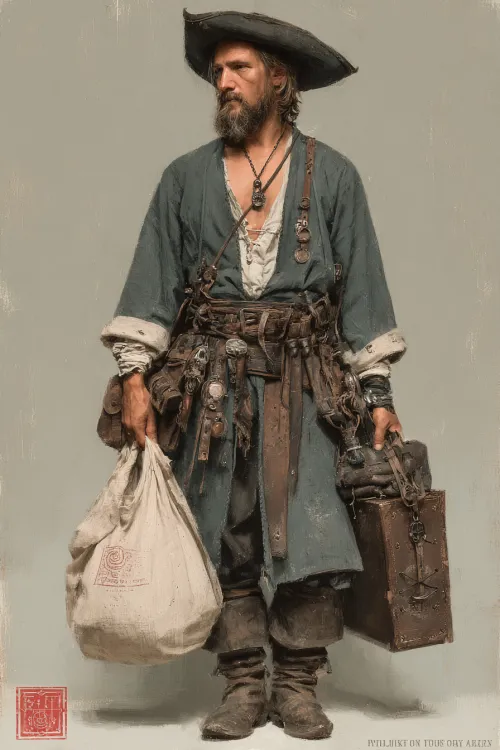 Image of a pirate in dark clothes with a bag