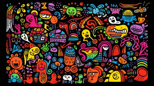 Conjunto de personajes coloridos y divertidos sobre fondo negro