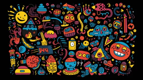 Composición abstracta con personajes de dibujos animados y elementos brillantes
