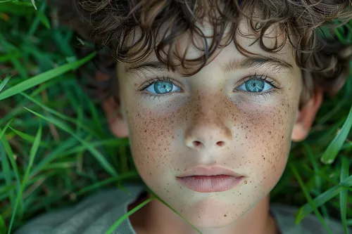 Boy with curly hair and blue eyes on the grass
