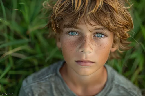 Child's portrait of a boy with red hair and blue eyes in nature