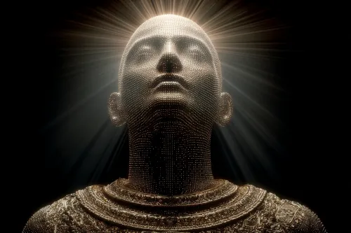 Sculptural representation of a head surrounded by sunlight rays