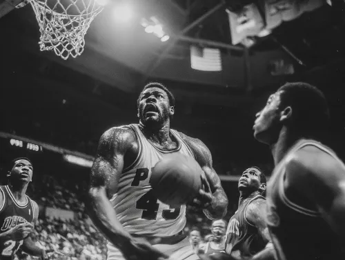 A basketball player making a shot at the hoop in a tense game.