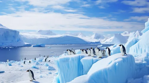 A group of penguins standing on ice in Antarctica among glaciers