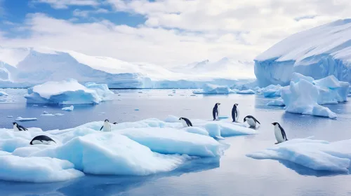 A group of penguins on ice floes in an Antarctic landscape