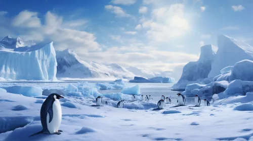 A group of penguins on a snowy shore among ice formations