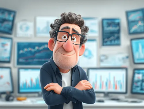 Hombre con gafas de pie frente a pantallas con gráficos financieros
