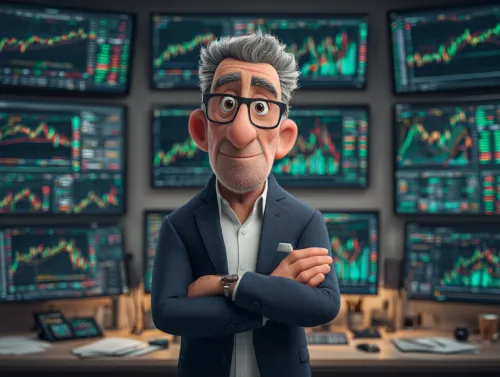 Animated character of a financial expert with charts on the screen