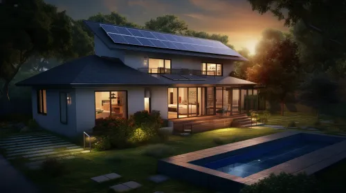 Eco-house with solar panels and a pool against the sunset