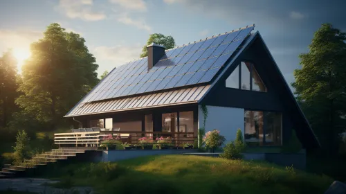 Modern residential house with solar panels on the roof and green landscaping