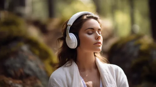 Mujer tranquila con los ojos cerrados escuchando música con auriculares en la naturaleza