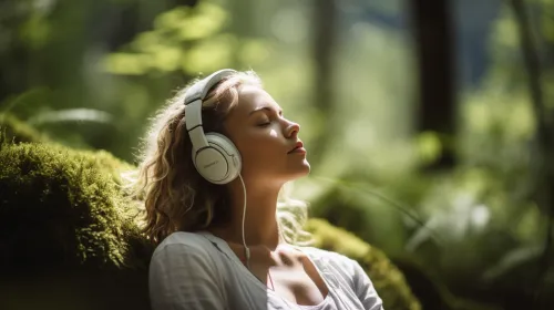 Joven disfrutando de la música con auriculares en la tranquilidad del bosque