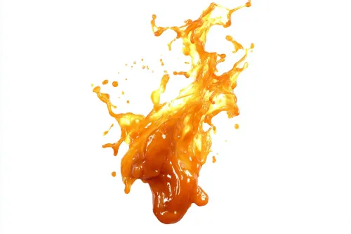 Dynamic image of an orange liquid splash on a white background