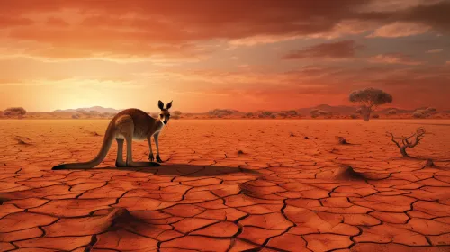 Kangaroo standing on cracked ground against the backdrop of sunset