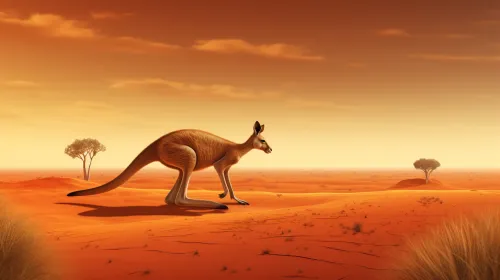 Un canguro solitario en un paisaje desértico de Australia bajo un cielo cálido