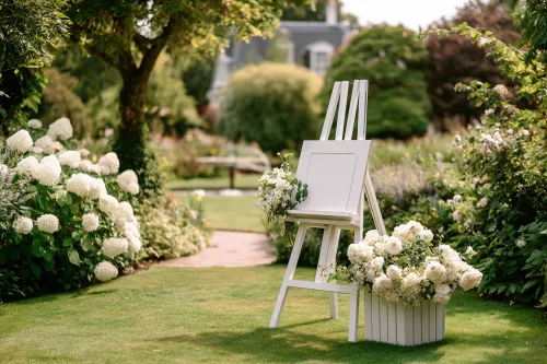 Garden with a white easel and blooming hydrangea bushes