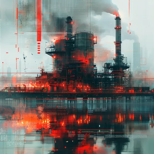 Factory with Smoke Clouds and Digital Elements in the Background