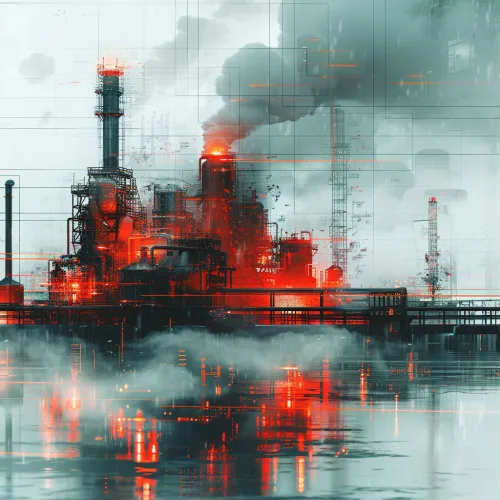 Image of an industrial factory with smoking chimneys and red lights