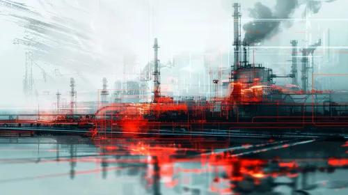 Image of factories and smoke stacks with graphic elements
