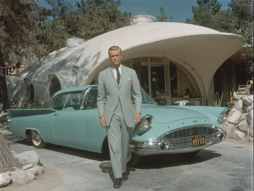 Hombre elegante en traje junto a un automóvil vintage bajo un techo moderno
