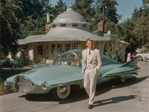 Coche con diseño futurista y hombre elegantemente vestido de fondo