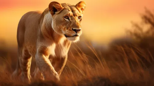 A calm and confident lioness walks through the savanna at sunset