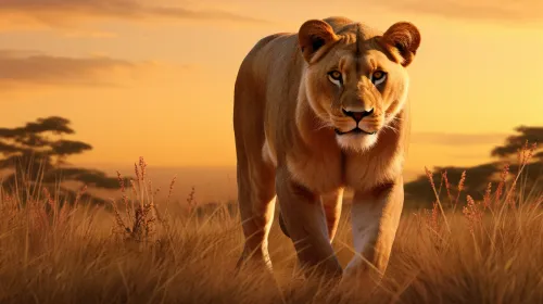 Lioness walking through the grass at sunset in the savanna