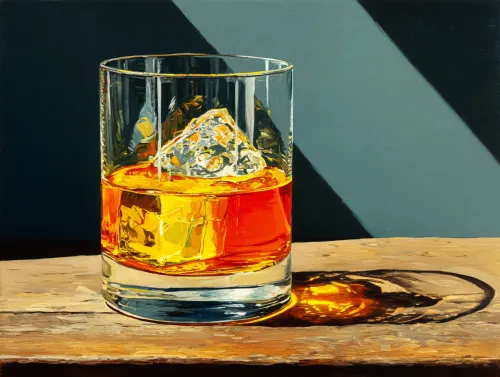 Glass of whiskey with ice on a table with shadows