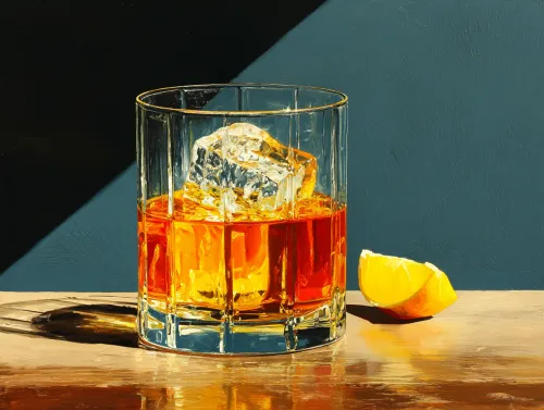 Ice Cube in a Glass of Dark Drink with a Slice of Lemon