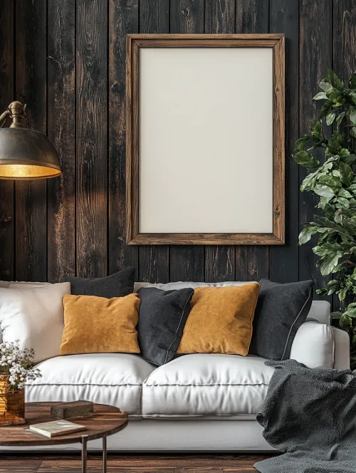 Esquina elegante con sofá blanco y marco de madera