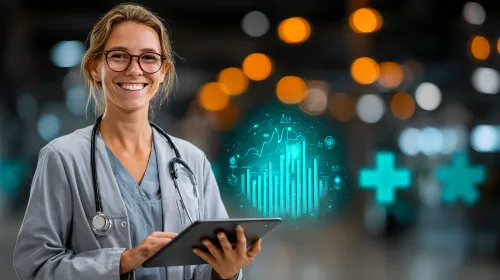 Doctor in a White Coat Using a Tablet with Charts in a Medical Facility