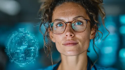 Mujer con cabello rizado y gafas frente a una interfaz tecnológica