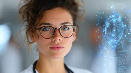 Retrato de un joven médico con ojos azules y gafas, datos digitales en el fondo