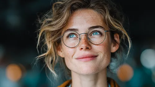 Close-up of a young woman with light hair and glasses smiling