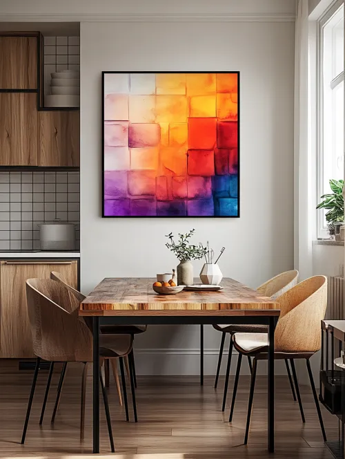 Abstract painting with bright colors on the kitchen wall