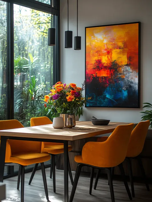 Room interior with orange chairs and an abstract painting on the wall