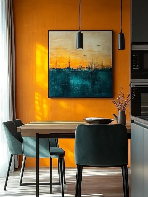 Cocina con pared brillante y pintura abstracta en estilo moderno