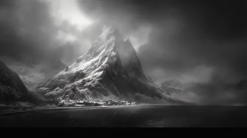Landscape of snowy mountains under a dark, cloudy sky during a storm