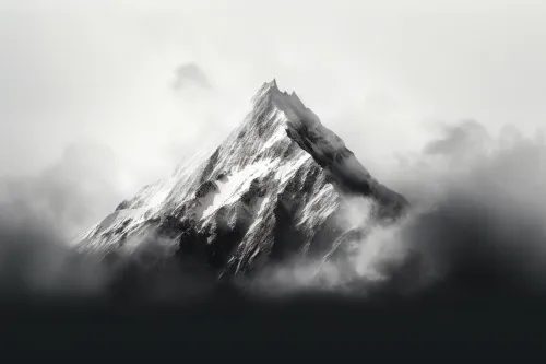 Snow-capped mountain peak partially hidden by clouds and fog