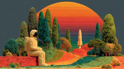 Fantastic landscape with astronaut and rocket against the sunset