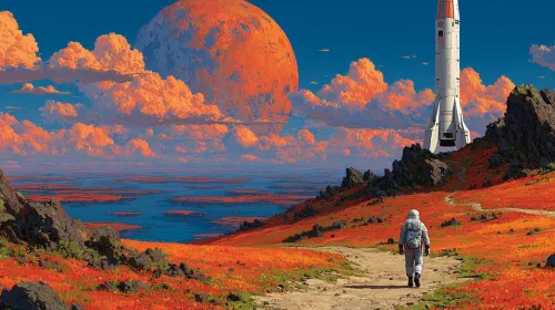 Astronomical Scene with an Astronaut on a Martian Landscape