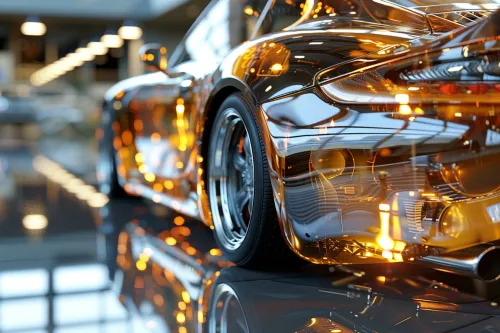 Automóvil elegante con superficie metálica reflectante y detalles brillantes