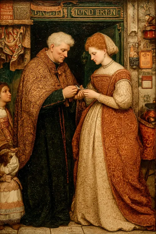 Man and woman exchanging gifts in an antique atmosphere