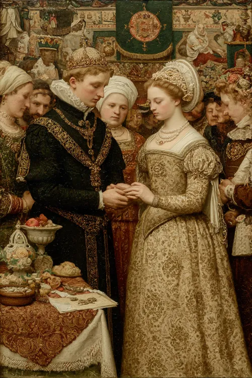 Scene of a wedding, gathered audience, historical clothing, table with treats