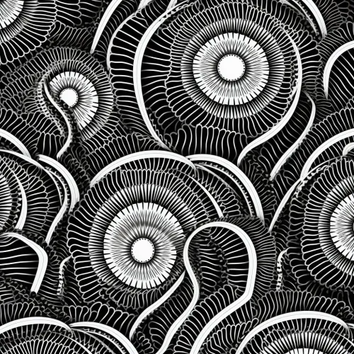 Complex Black and White Pattern with Geometric Shapes and Circles
