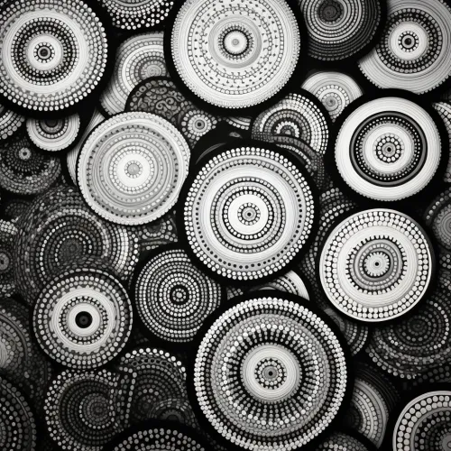 Una multitud de patrones circulares en una ejecución en blanco y negro, creando texturas interesantes