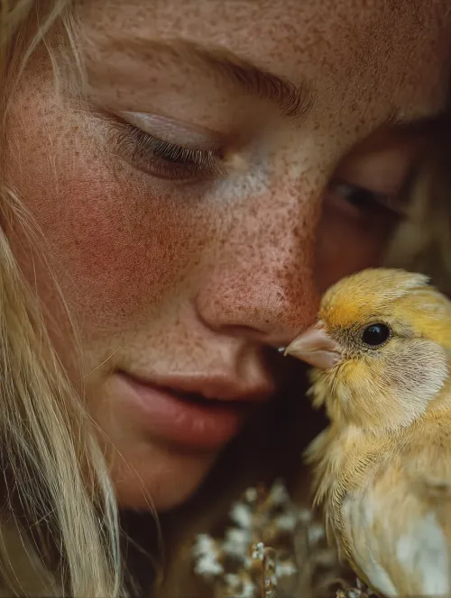 Portrait of a freckled girl with a yellow bird nearby