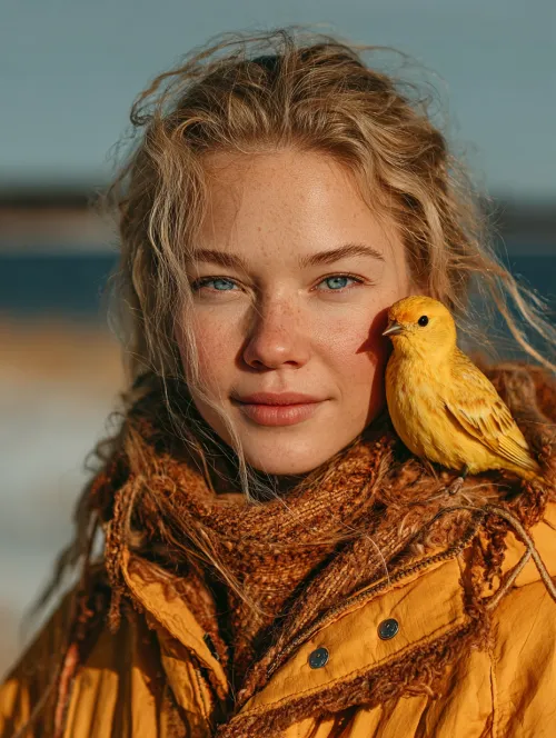 Portrait of a young girl with a yellow bird nearby against a natural background