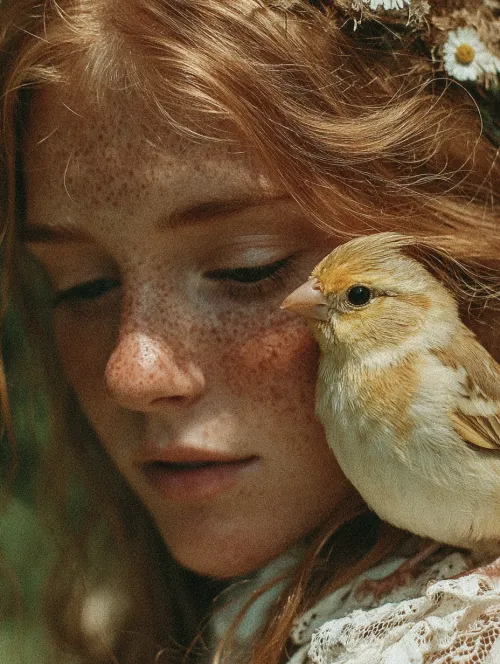 Young girl with red hair and a bird on her shoulder among greenery